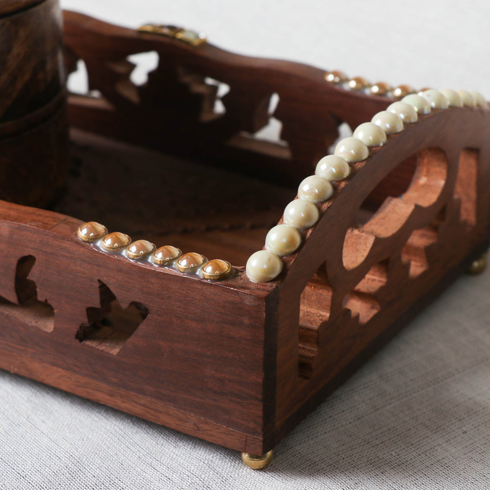Brown Tray with 2 Bowls - Handcrafted with Sheesham Wood 