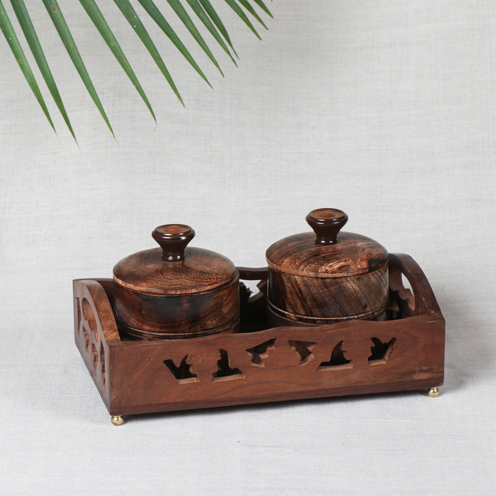 Brown Tray with 2 Bowls - Handcrafted with Sheesham Wood