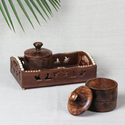 Brown Tray with 2 Bowls - Handcrafted with Sheesham Wood 