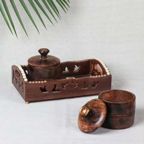 Brown Tray with 2 Bowls - Handcrafted with Sheesham Wood 