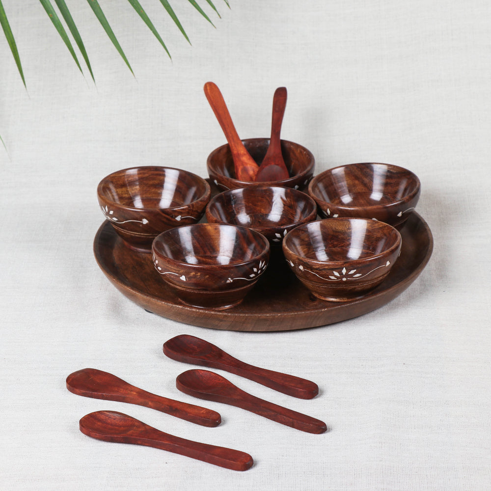 Handcrafted Brown Tray, Bowl & Spoon Set (Set of 6)