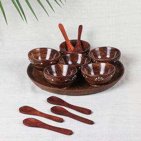 Handcrafted Brown Tray, Bowl & Spoon Set (Set of 6)
