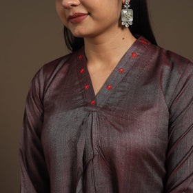 Brown Tussar Silk Cotton Kurta with Fine Hand Embroidery