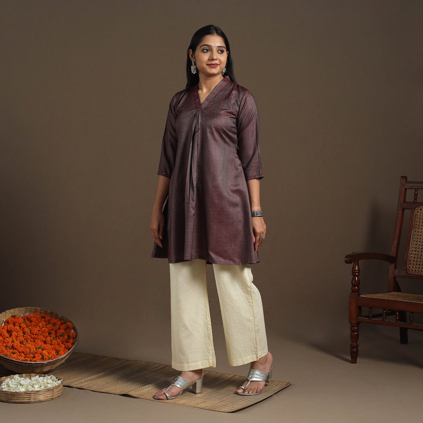 Brown Tussar Silk Cotton Kurta with Fine Hand Embroidery