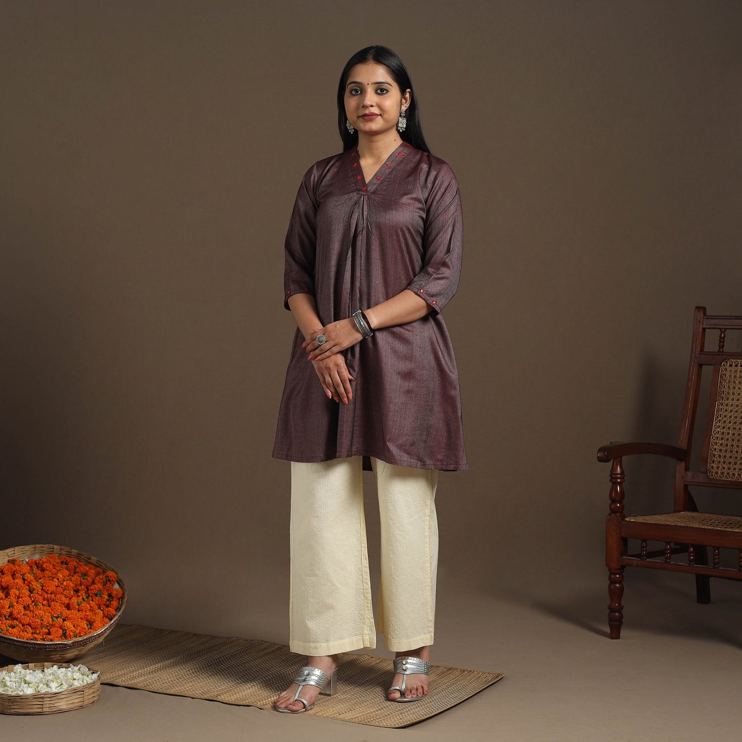 Brown Tussar Silk Cotton Kurta with Fine Hand Embroidery