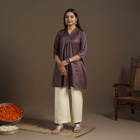 Brown Tussar Silk Cotton Kurta with Fine Hand Embroidery