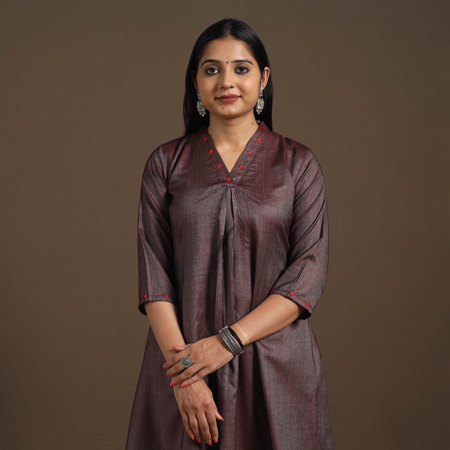 Brown Tussar Silk Cotton Kurta with Fine Hand Embroidery