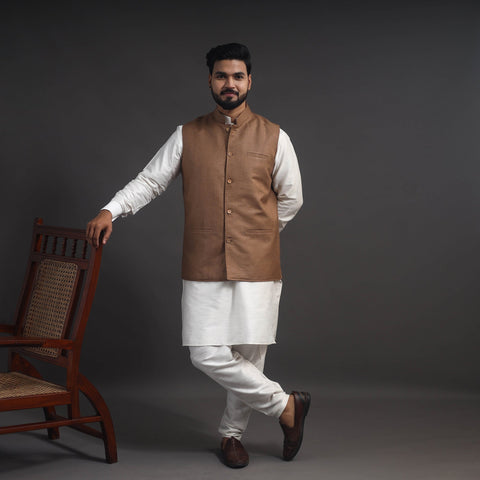 Brown Vidarbha Tussar x Katia Silk Handloom Nehru Jacket 
