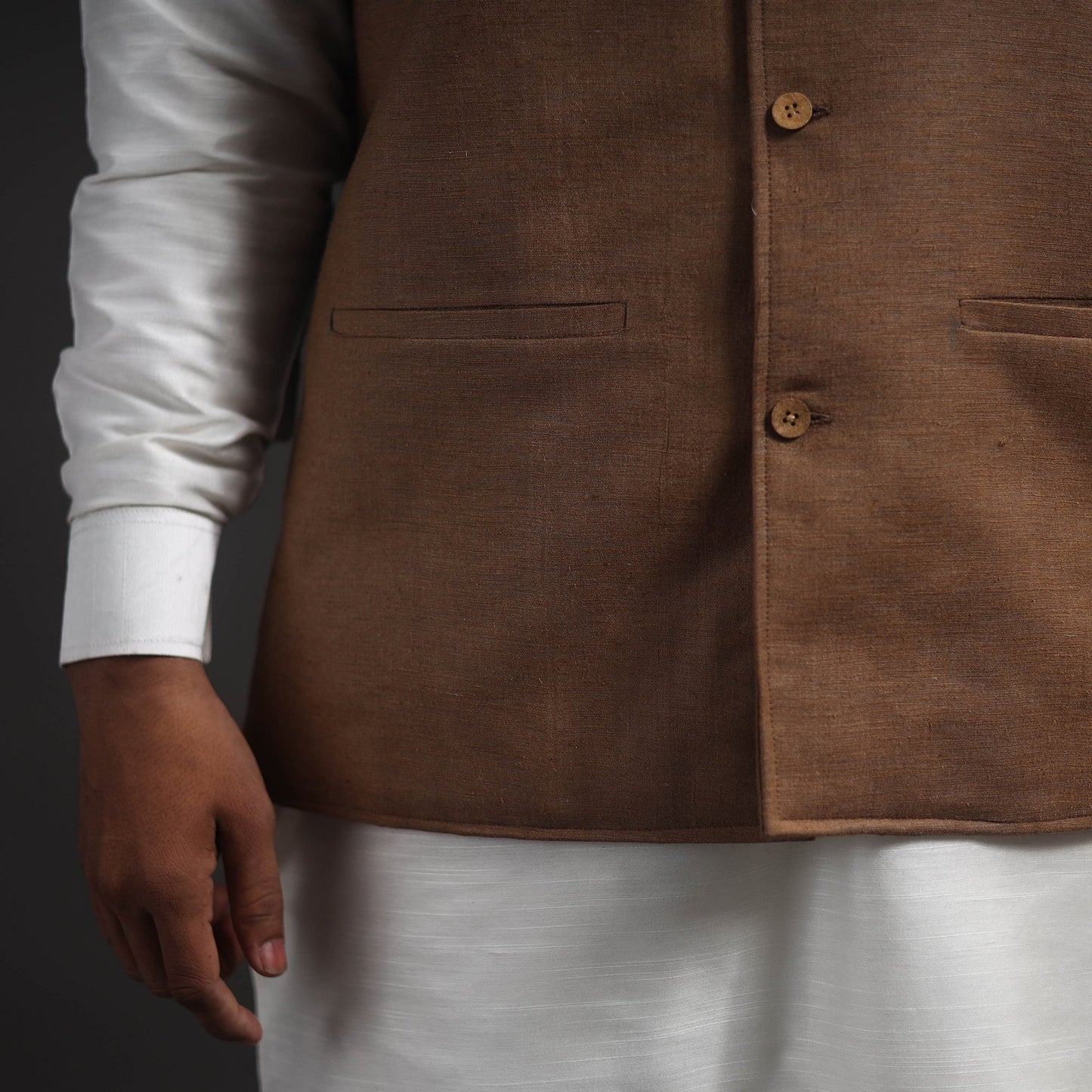 Brown Vidarbha Tussar x Katia Silk Handloom Nehru Jacket 