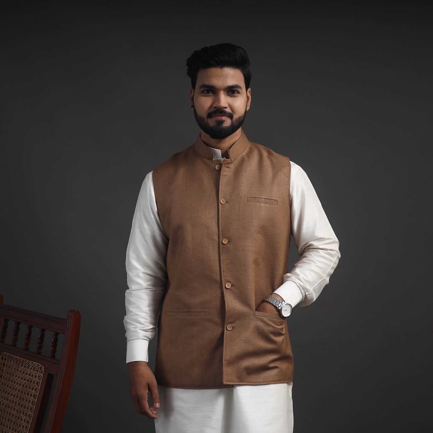 Brown Vidarbha Tussar x Katia Silk Handloom Nehru Jacket 