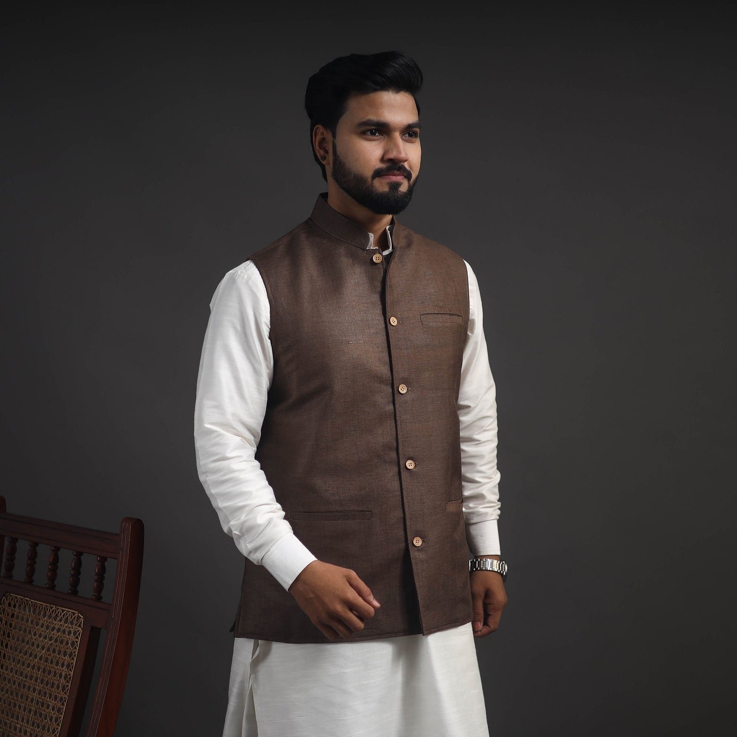 Brown - vidarbha tussar x katia silk handloom nehru jacket