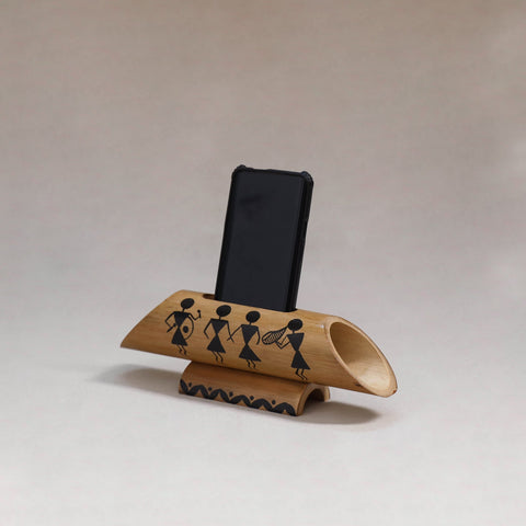 Warli handpainted hand carved natural bamboo wood phone