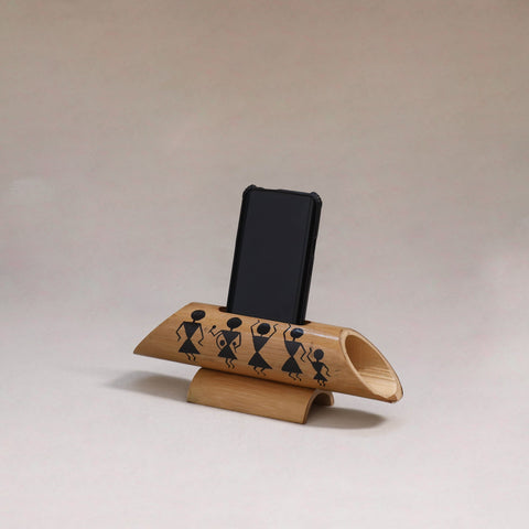 Warli handpainted hand carved natural bamboo wood phone
