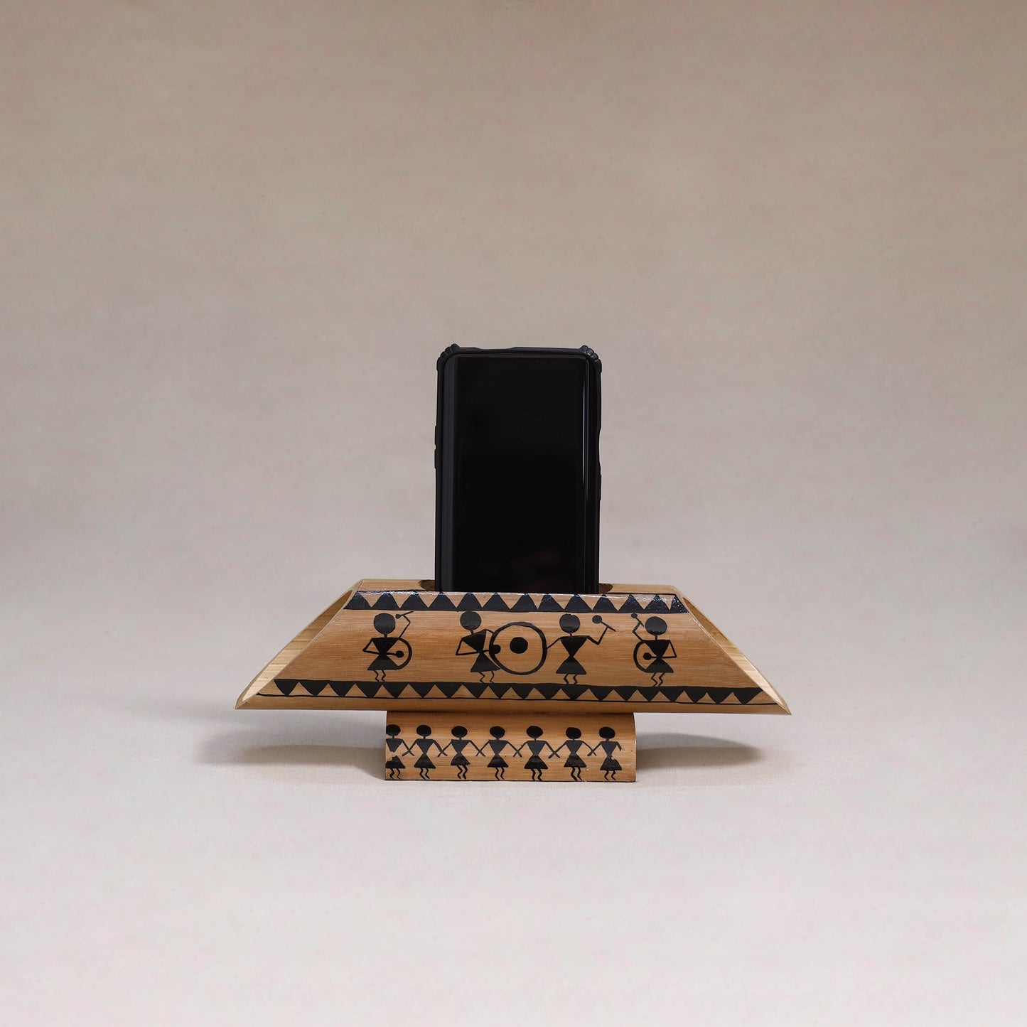 Warli handpainted hand carved natural bamboo wood phone