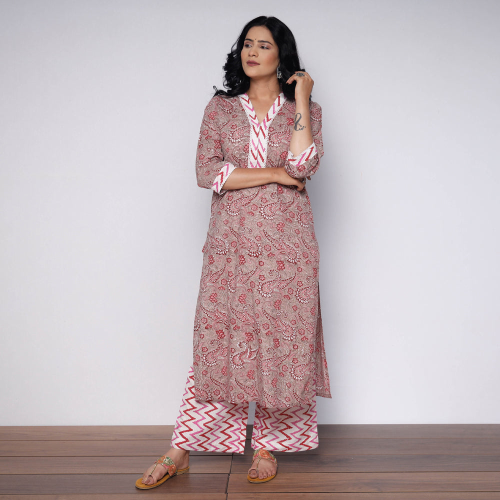  Sanganeri Hand Block Printed Cotton Long Kurta with Palazzo Set 