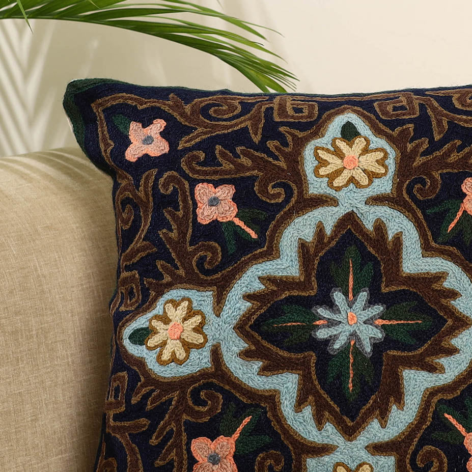 Brown Wool Thread Crewel Embroidery Cushion Cover