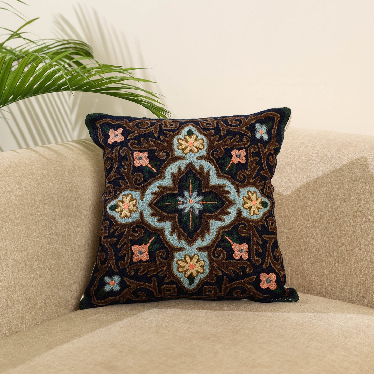 Brown Wool Thread Crewel Embroidery Cushion Cover