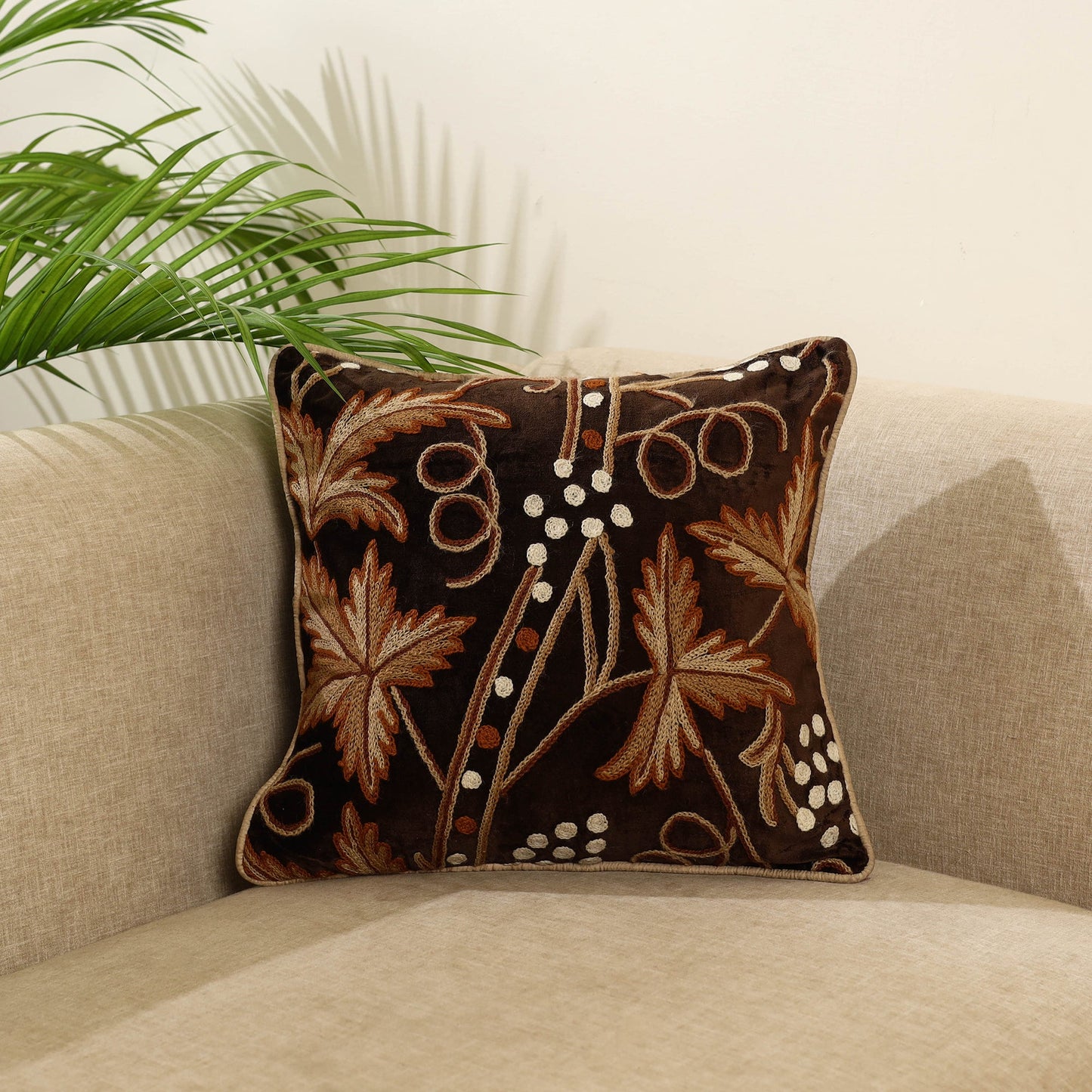 Brown Wool Thread Crewel Embroidery Cushion Cover