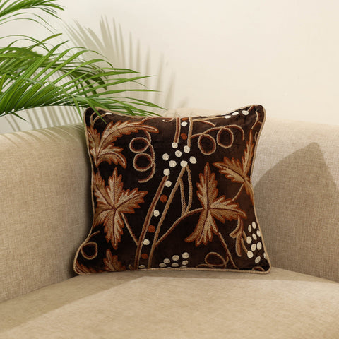 Brown Wool Thread Crewel Embroidery Cushion Cover