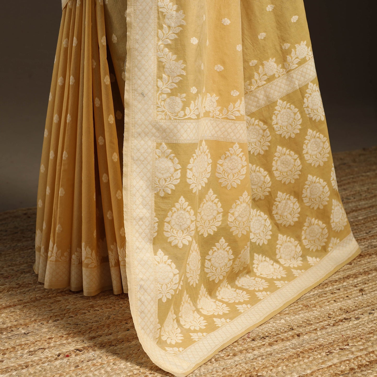 Yellow - silk cotton cutwork buti banarasi saree 54