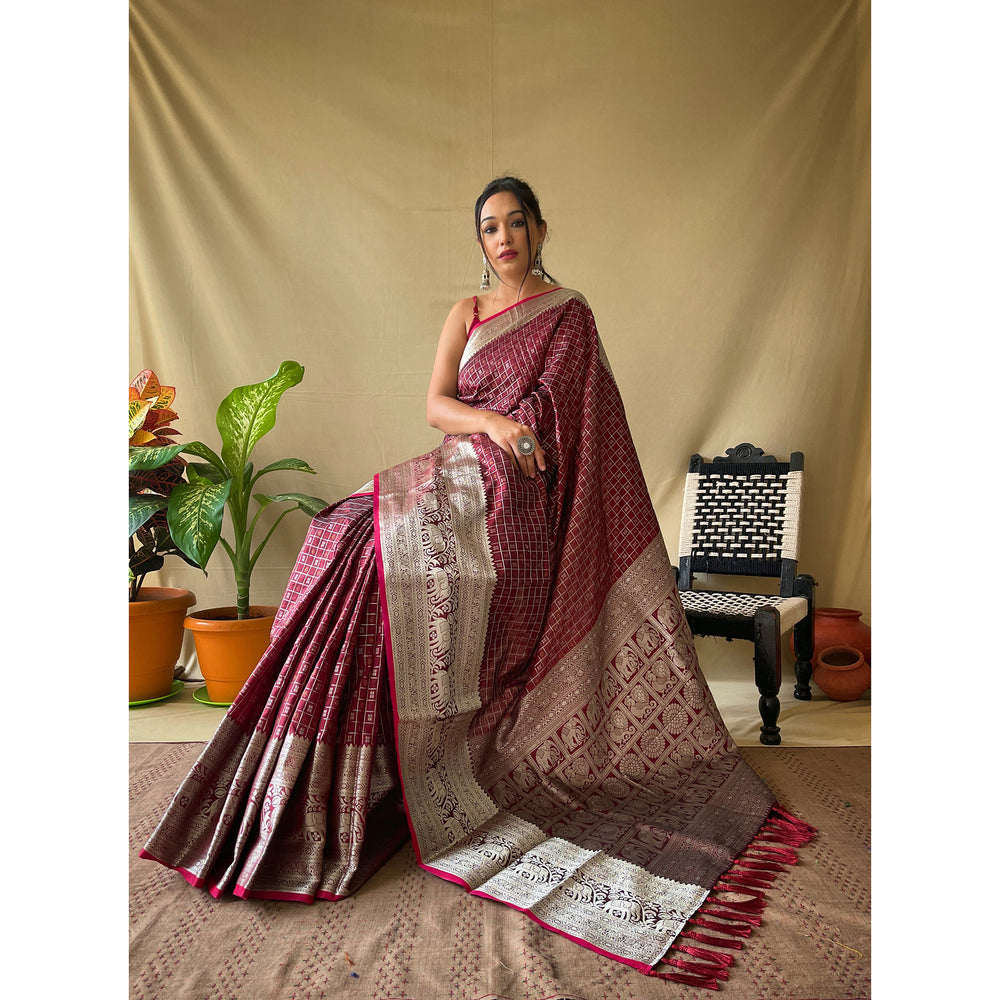 Maroon - Khicha Checks Brown Litchi Silk Handwork Saree