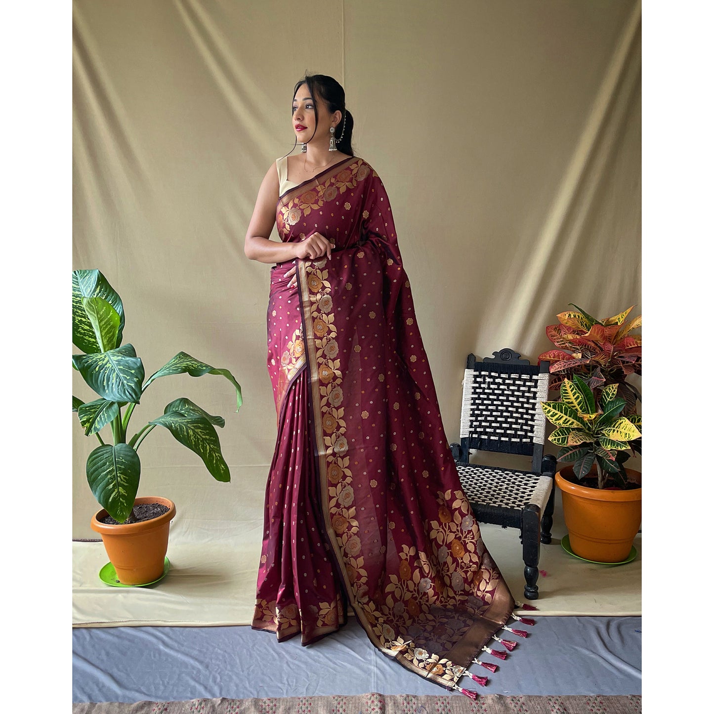 Purple - Suhani Brown Soft Silk Handwork Saree