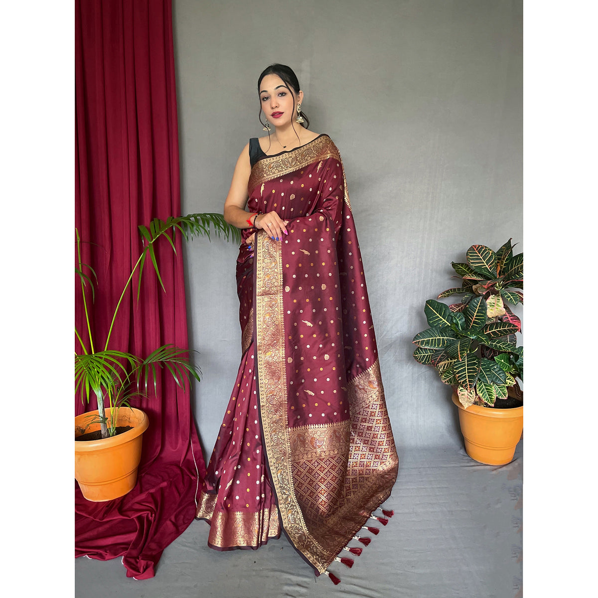 Udaan Brown Soft Silk Handwork Saree