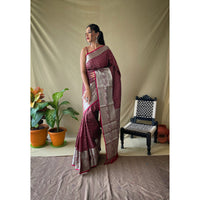 Maroon - Khicha Checks Brown Litchi Silk Handwork Saree