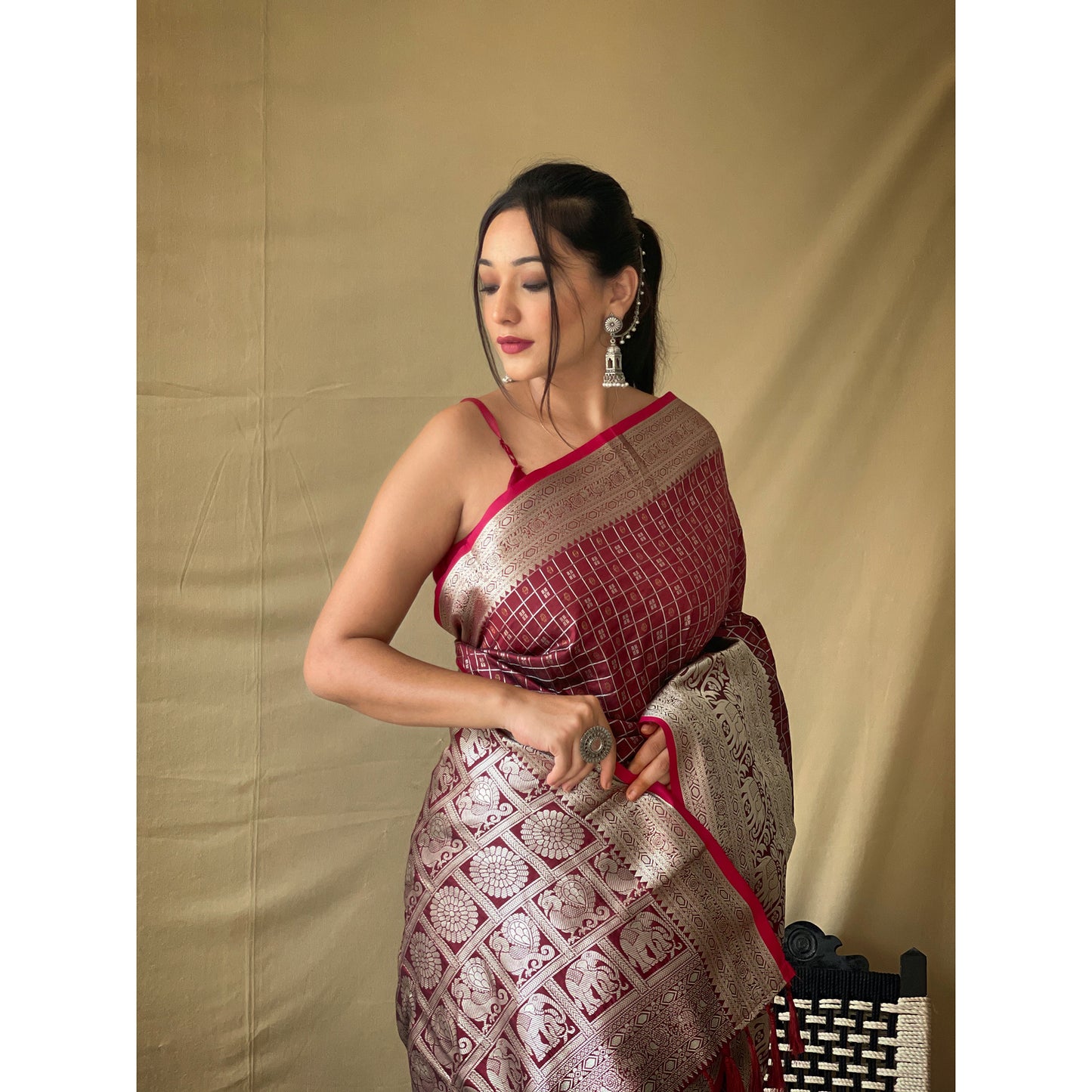 Maroon - Khicha Checks Brown Litchi Silk Handwork Saree