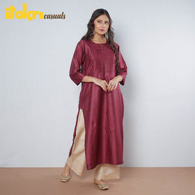  Brownish Purple - Pintuck Tussar Silk Plain Long Straight Kurta 
