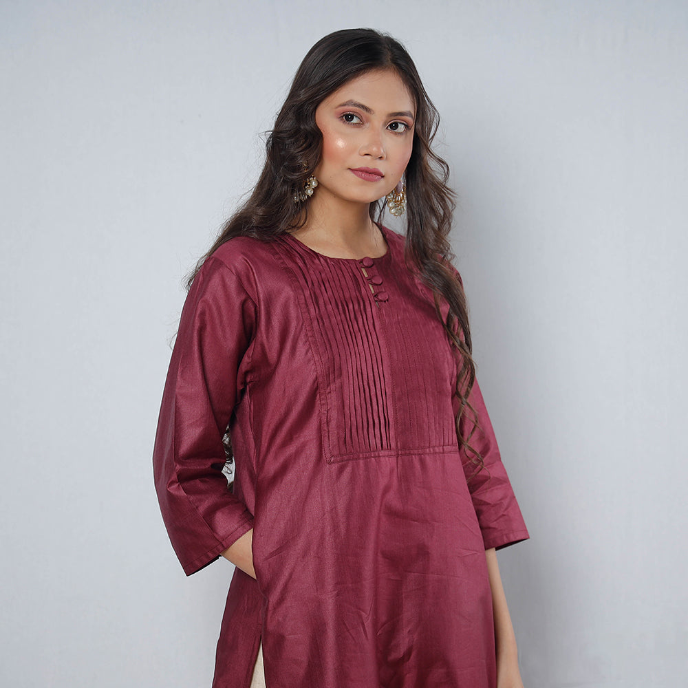  Brownish Purple - Pintuck Tussar Silk Plain Long Straight Kurta 