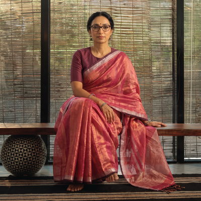 Pink Burdwan Tissue Zari Work Handloom Saree, draped and worn by a woman, AI visual of the saree, iTokri