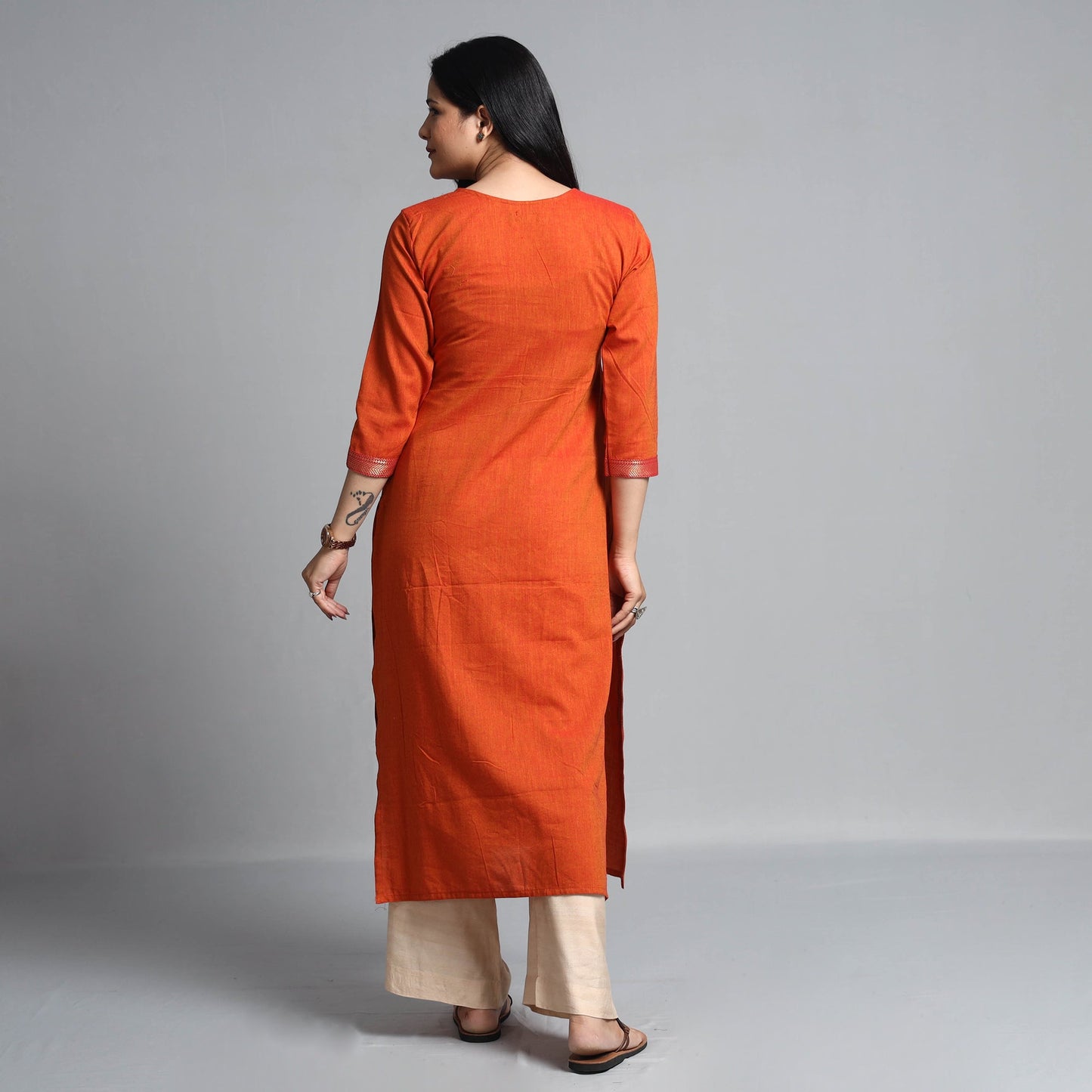 Burnt orange dharwad cotton long kurta - handcrafted