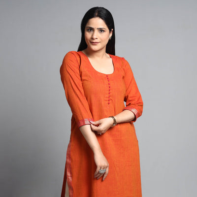 Burnt orange dharwad cotton long kurta - handcrafted