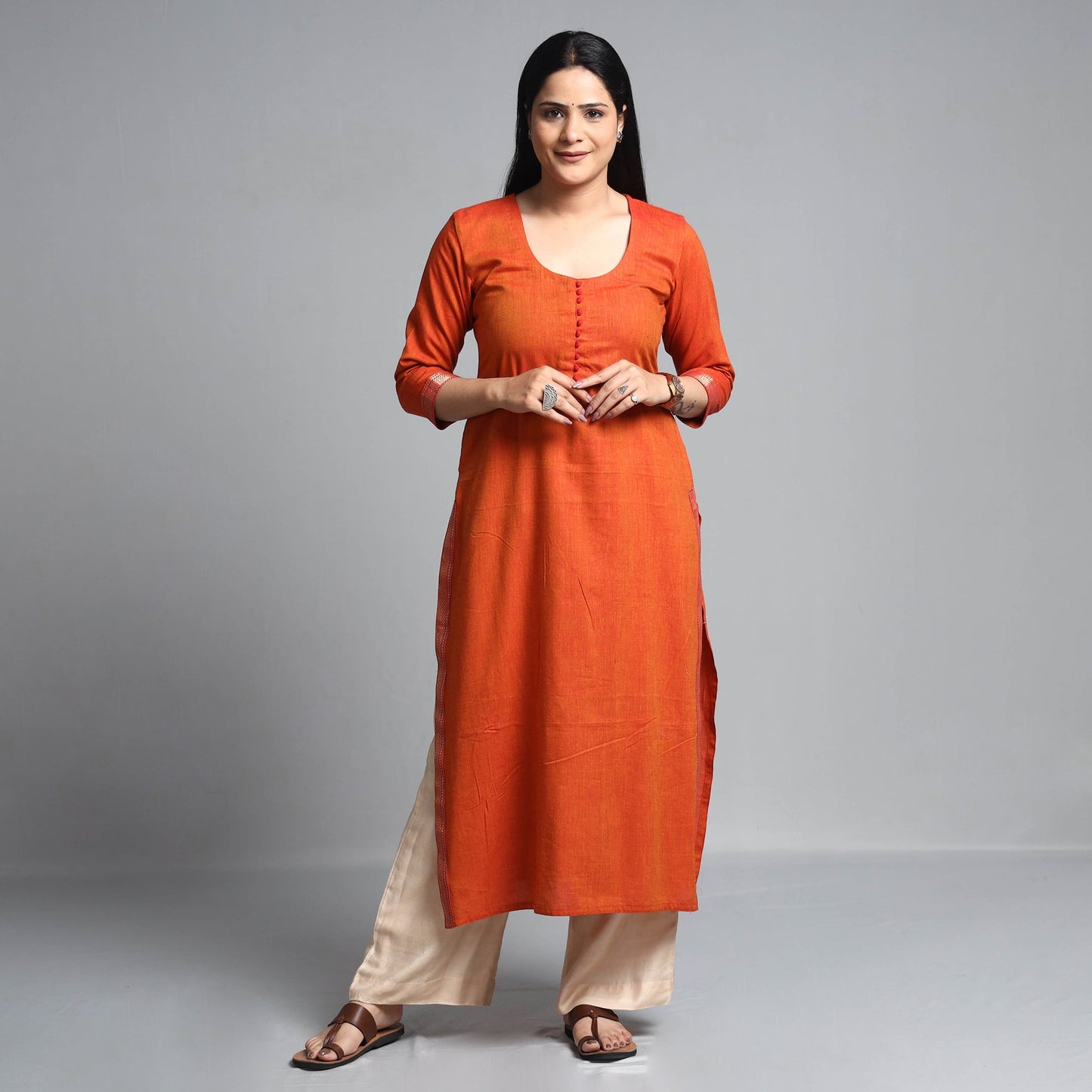 Burnt orange dharwad cotton long kurta - handcrafted