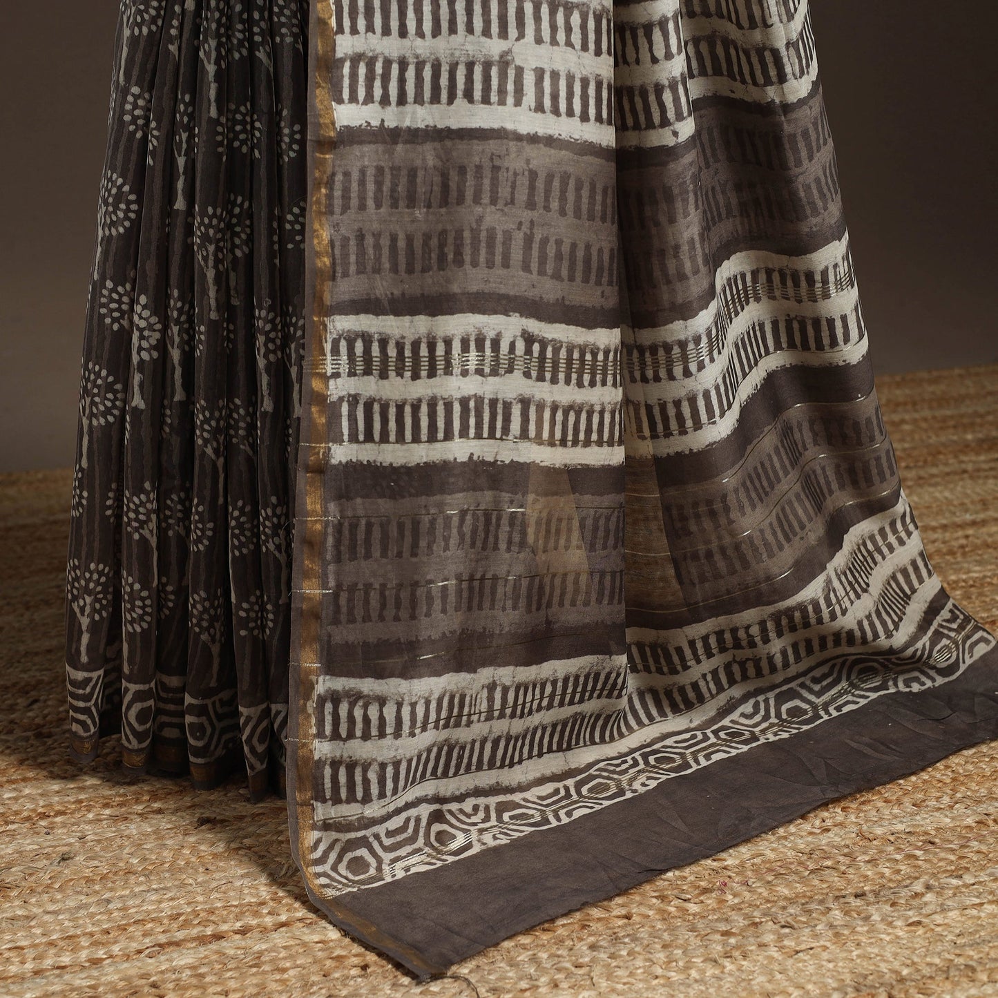 Brown - Chanderi Silk Hand Block Print Bagru Saree with Zari Border 19