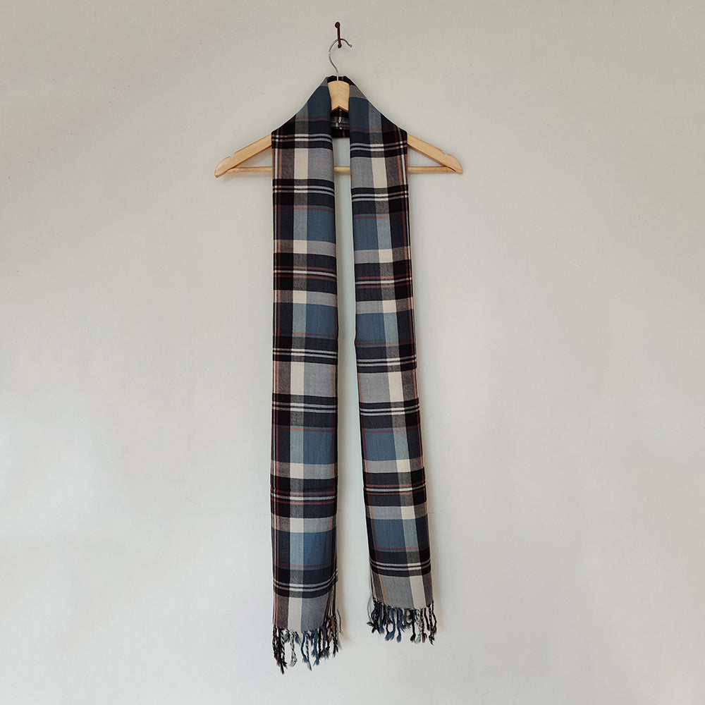 Multicolor - Blue Black Offwhite Handwoven Merino Wool Stole