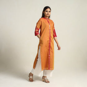 Cadmium Orange Zari Border Cotton Straight Kanchipuram Kurta for Women