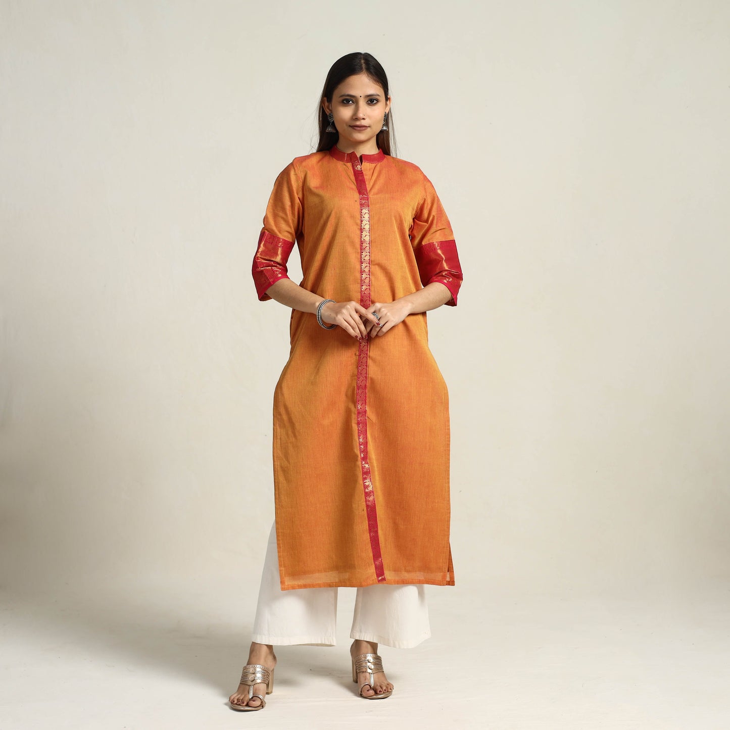 Cadmium Orange Zari Border Cotton Straight Kanchipuram Kurta for Women