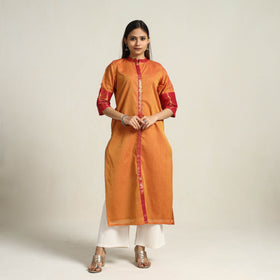 Cadmium Orange Zari Border Cotton Straight Kanchipuram Kurta for Women