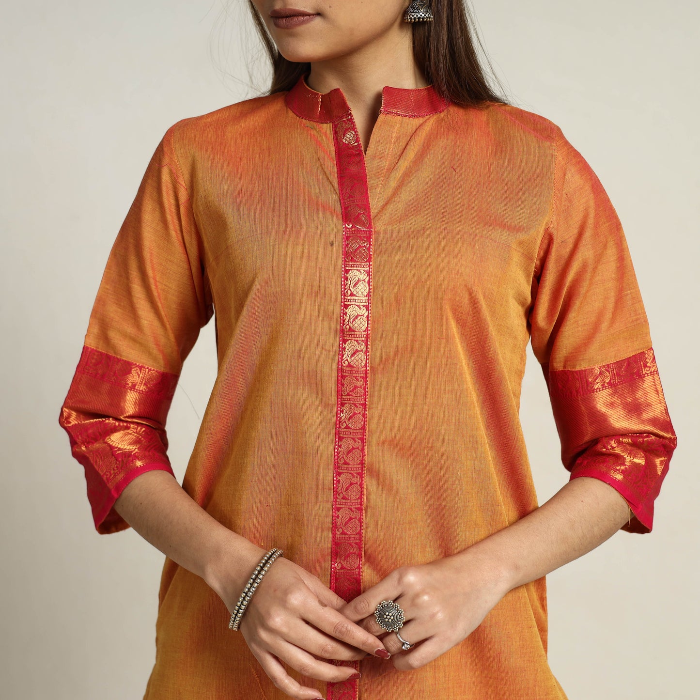 Cadmium Orange Zari Border Cotton Straight Kanchipuram Kurta for Women