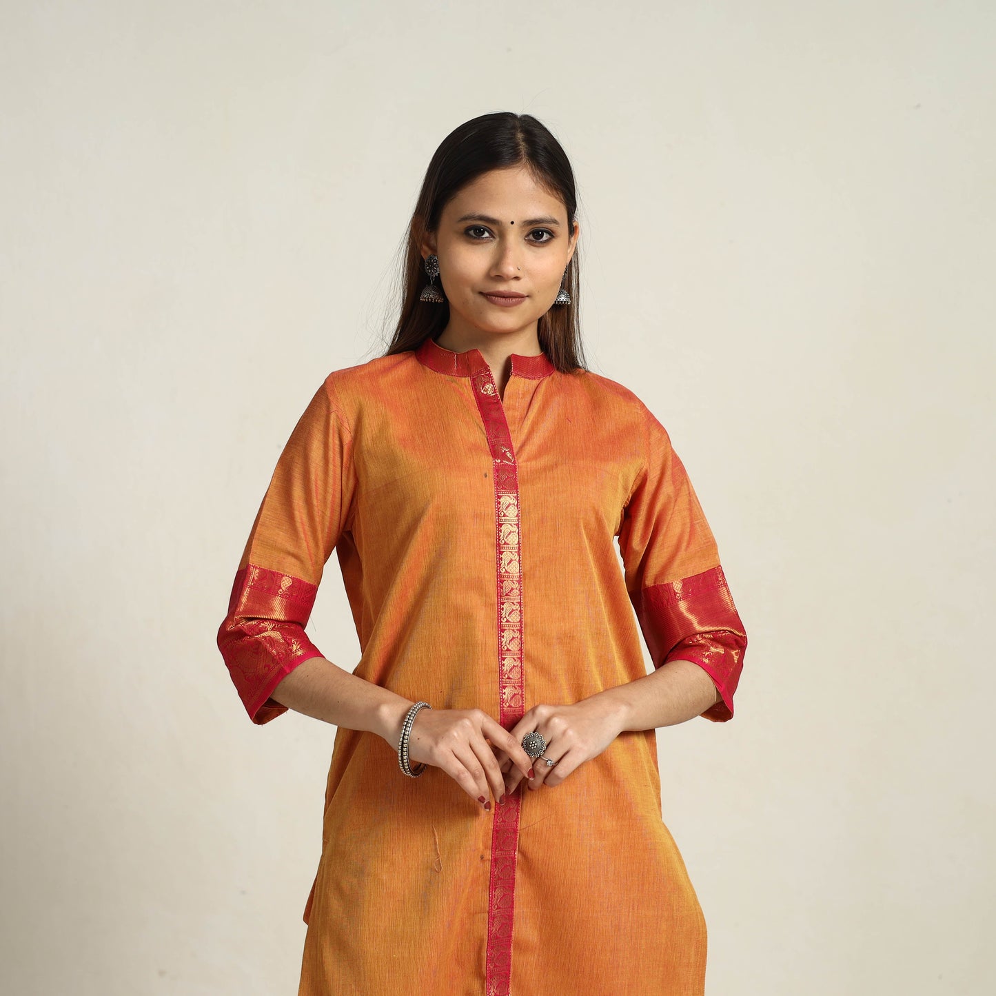 Cadmium Orange Zari Border Cotton Straight Kanchipuram Kurta for Women