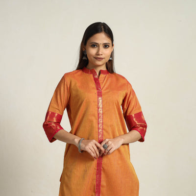 Cadmium Orange Zari Border Cotton Straight Kanchipuram Kurta for Women