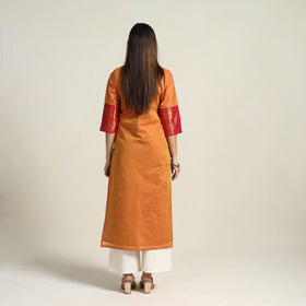 Cadmium Orange Zari Border Cotton Straight Kanchipuram Kurta for Women