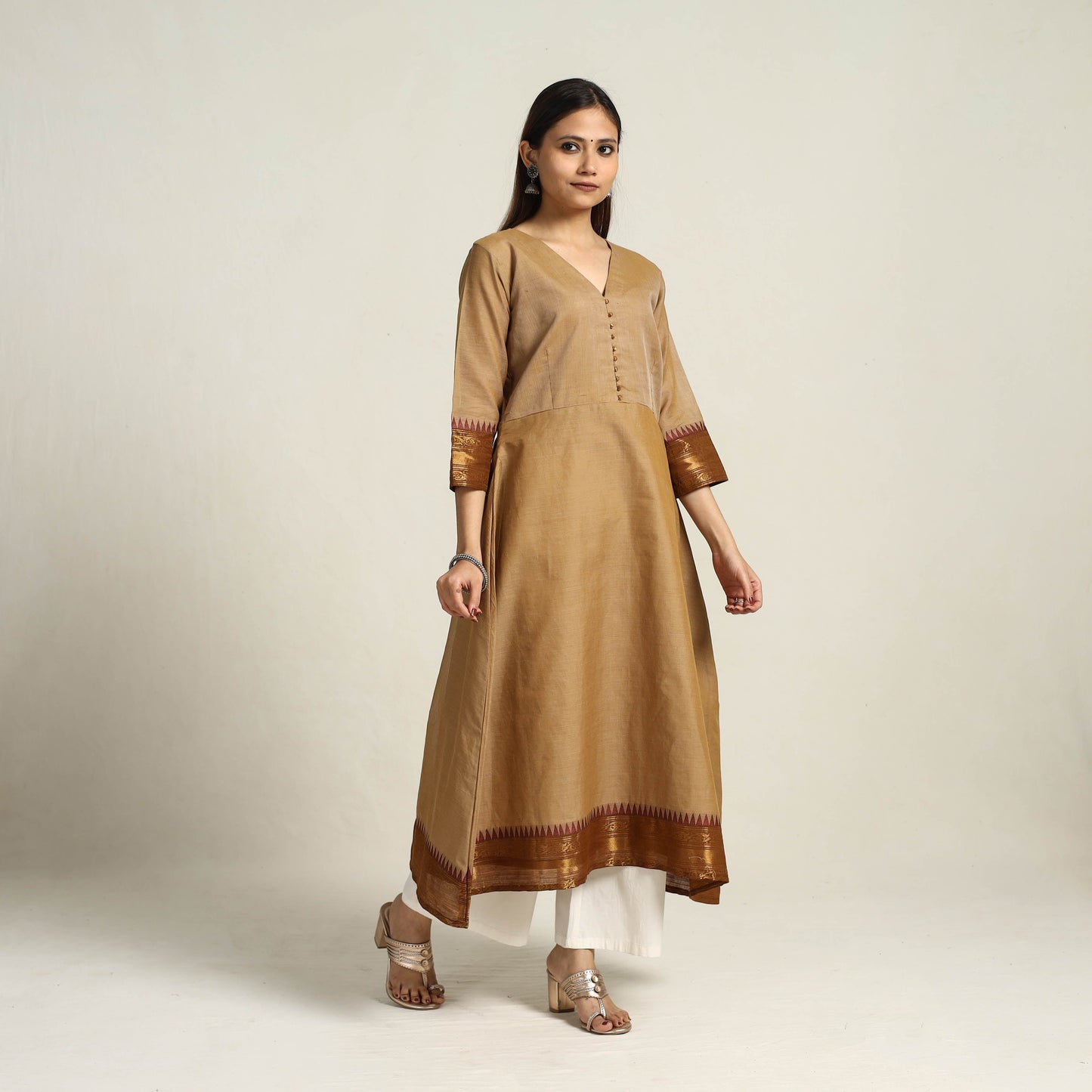 Zari Border Cotton A-Line Camel Brown Kanchipuram Kurta for Women