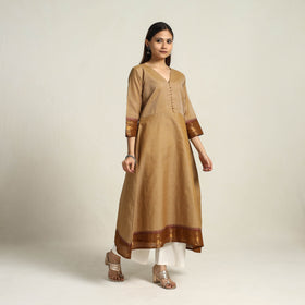 Zari Border Cotton A-Line Camel Brown Kanchipuram Kurta for Women