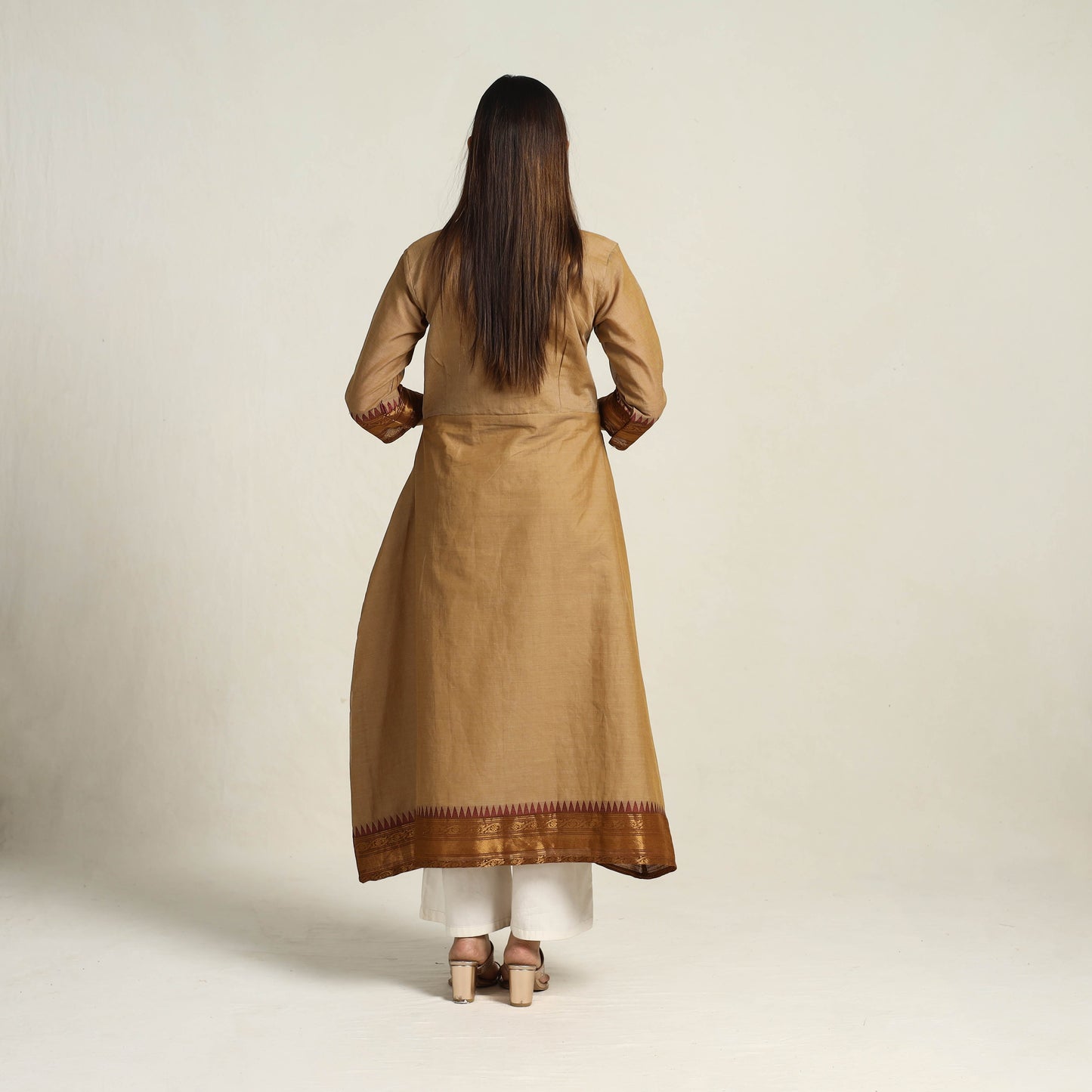 Zari Border Cotton A-Line Camel Brown Kanchipuram Kurta for Women
