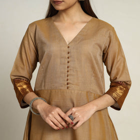Zari Border Cotton A-Line Camel Brown Kanchipuram Kurta for Women