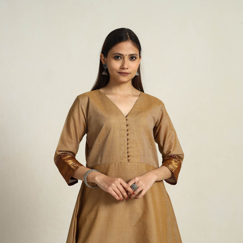 Zari Border Cotton A-Line Camel Brown Kanchipuram Kurta for Women