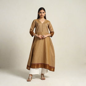 Zari Border Cotton A-Line Camel Brown Kanchipuram Kurta for Women